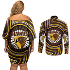 Hawthorn Hawks Couples Matching Off Shoulder Short Dress and Long Sleeve Button Shirt Indigenous Monochrome Dot Art Mascot Style