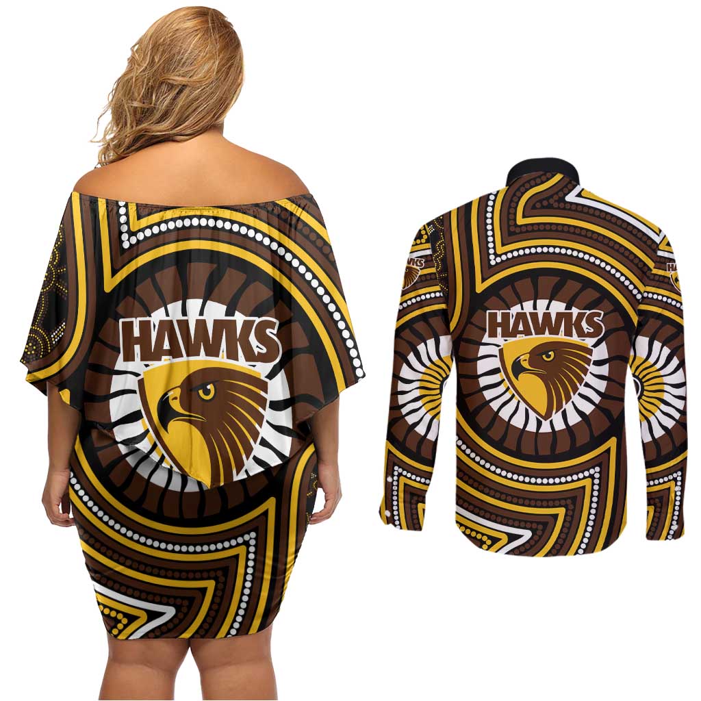 Hawthorn Hawks Couples Matching Off Shoulder Short Dress and Long Sleeve Button Shirt Indigenous Monochrome Dot Art Mascot Style