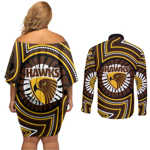 Hawthorn Hawks Couples Matching Off Shoulder Short Dress and Long Sleeve Button Shirt Indigenous Monochrome Dot Art Mascot Style