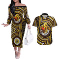 Hawthorn Hawks Couples Matching Off The Shoulder Long Sleeve Dress and Hawaiian Shirt Indigenous Monochrome Dot Art Mascot Style