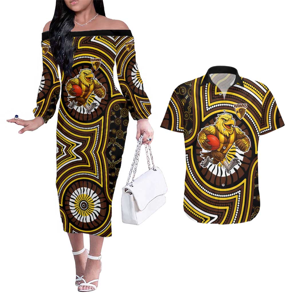 Hawthorn Hawks Couples Matching Off The Shoulder Long Sleeve Dress and Hawaiian Shirt Indigenous Monochrome Dot Art Mascot Style