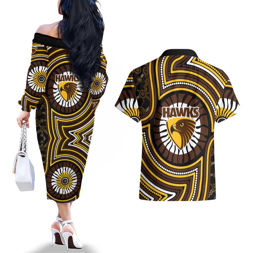Hawthorn Hawks Couples Matching Off The Shoulder Long Sleeve Dress and Hawaiian Shirt Indigenous Monochrome Dot Art Mascot Style