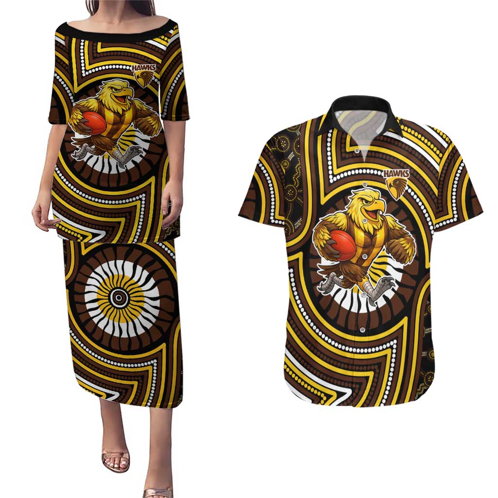 Hawthorn Hawks Couples Matching Puletasi and Hawaiian Shirt Indigenous Monochrome Dot Art Mascot Style