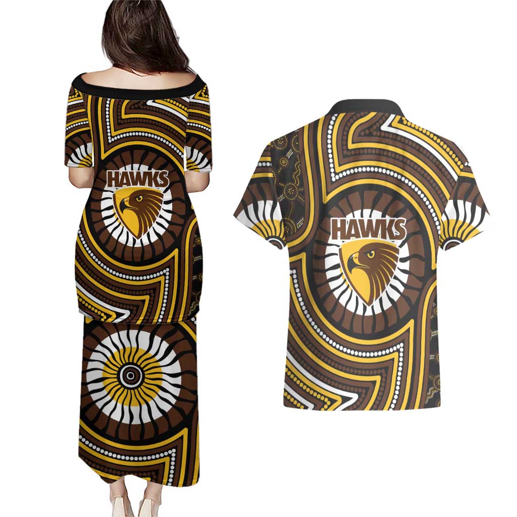 Hawthorn Hawks Couples Matching Puletasi and Hawaiian Shirt Indigenous Monochrome Dot Art Mascot Style