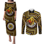 Hawthorn Hawks Couples Matching Puletasi and Long Sleeve Button Shirt Indigenous Monochrome Dot Art Mascot Style