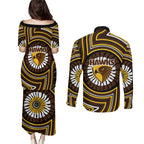 Hawthorn Hawks Couples Matching Puletasi and Long Sleeve Button Shirt Indigenous Monochrome Dot Art Mascot Style