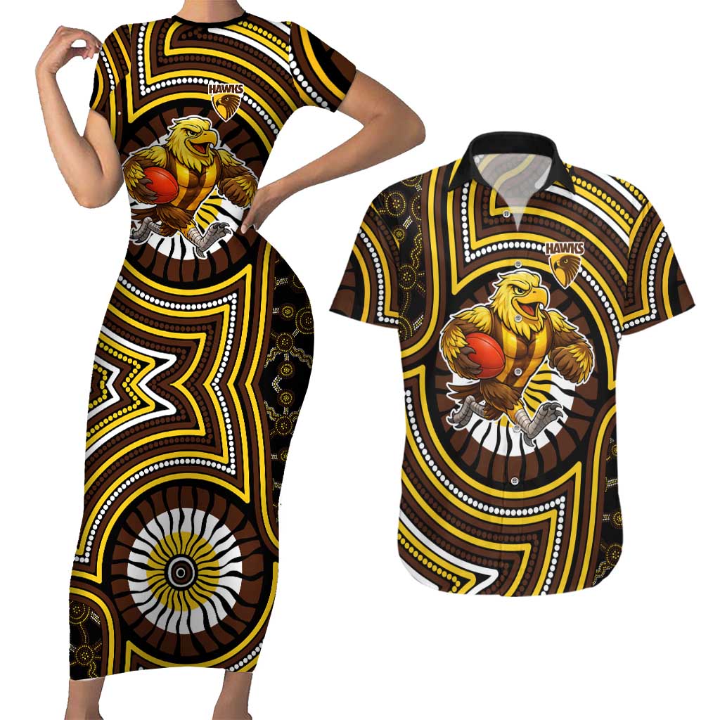 Hawthorn Hawks Couples Matching Short Sleeve Bodycon Dress and Hawaiian Shirt Indigenous Monochrome Dot Art Mascot Style