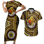 Hawthorn Hawks Couples Matching Short Sleeve Bodycon Dress and Hawaiian Shirt Indigenous Monochrome Dot Art Mascot Style