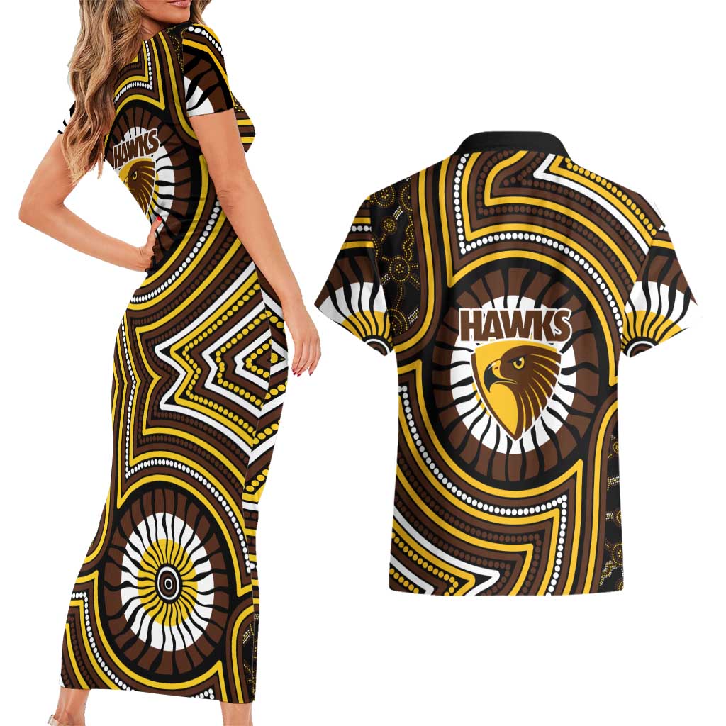 Hawthorn Hawks Couples Matching Short Sleeve Bodycon Dress and Hawaiian Shirt Indigenous Monochrome Dot Art Mascot Style