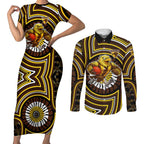 Hawthorn Hawks Couples Matching Short Sleeve Bodycon Dress and Long Sleeve Button Shirt Indigenous Monochrome Dot Art Mascot Style
