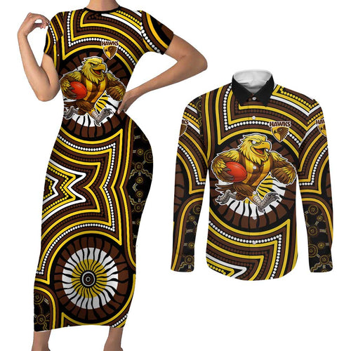 Hawthorn Hawks Couples Matching Short Sleeve Bodycon Dress and Long Sleeve Button Shirt Indigenous Monochrome Dot Art Mascot Style
