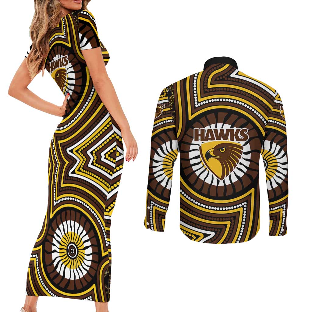 Hawthorn Hawks Couples Matching Short Sleeve Bodycon Dress and Long Sleeve Button Shirt Indigenous Monochrome Dot Art Mascot Style