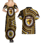 Hawthorn Hawks Couples Matching Summer Maxi Dress and Hawaiian Shirt Indigenous Monochrome Dot Art Mascot Style