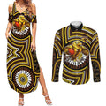 Hawthorn Hawks Couples Matching Summer Maxi Dress and Long Sleeve Button Shirt Indigenous Monochrome Dot Art Mascot Style