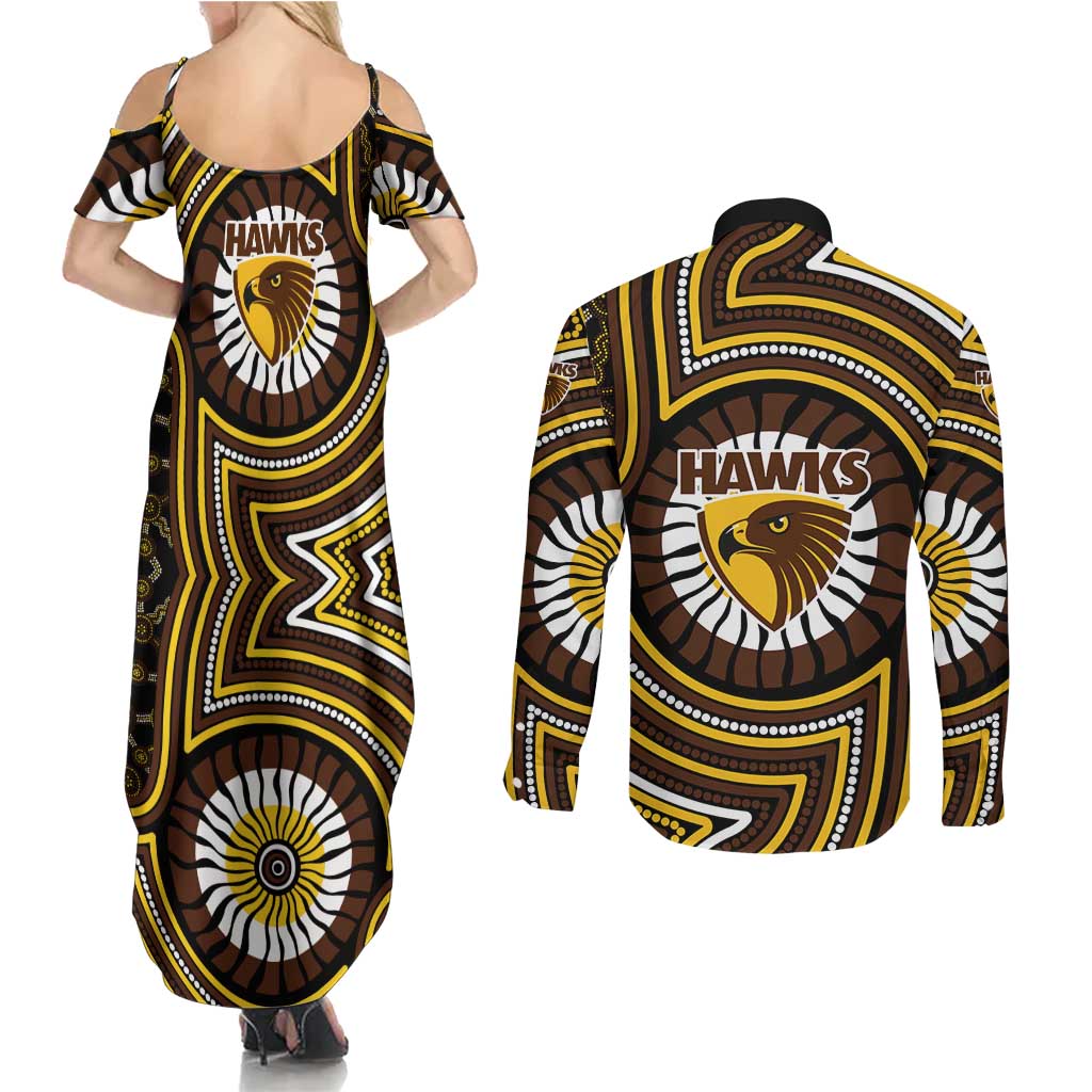 Hawthorn Hawks Couples Matching Summer Maxi Dress and Long Sleeve Button Shirt Indigenous Monochrome Dot Art Mascot Style