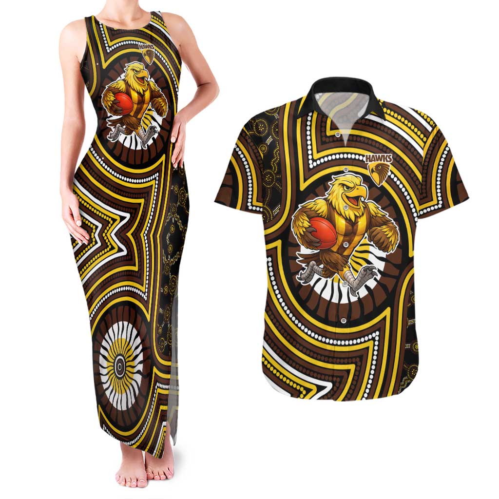 Hawthorn Hawks Couples Matching Tank Maxi Dress and Hawaiian Shirt Indigenous Monochrome Dot Art Mascot Style