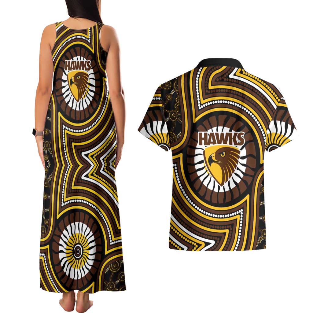 Hawthorn Hawks Couples Matching Tank Maxi Dress and Hawaiian Shirt Indigenous Monochrome Dot Art Mascot Style
