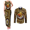 Hawthorn Hawks Couples Matching Tank Maxi Dress and Long Sleeve Button Shirt Indigenous Monochrome Dot Art Mascot Style
