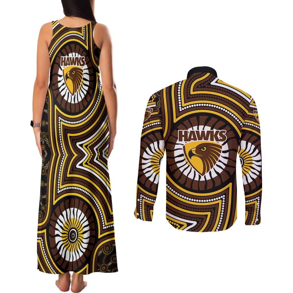 Hawthorn Hawks Couples Matching Tank Maxi Dress and Long Sleeve Button Shirt Indigenous Monochrome Dot Art Mascot Style