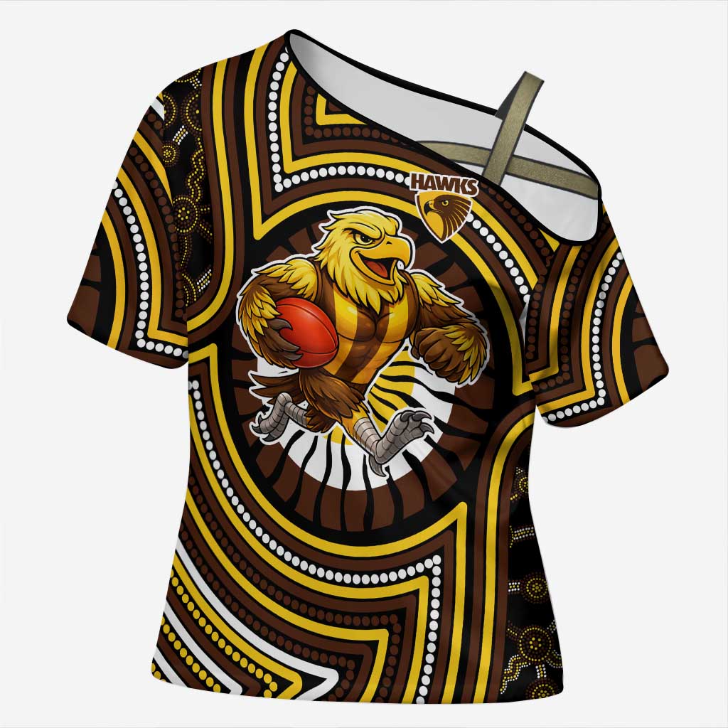 Hawthorn Hawks Cross Shoulder Shirt Indigenous Monochrome Dot Art Mascot Style