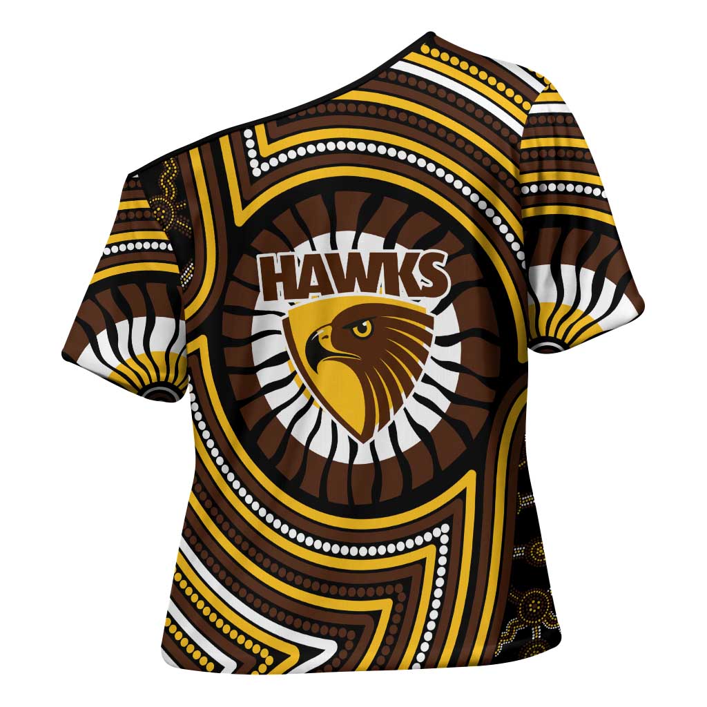 Hawthorn Hawks Cross Shoulder Shirt Indigenous Monochrome Dot Art Mascot Style
