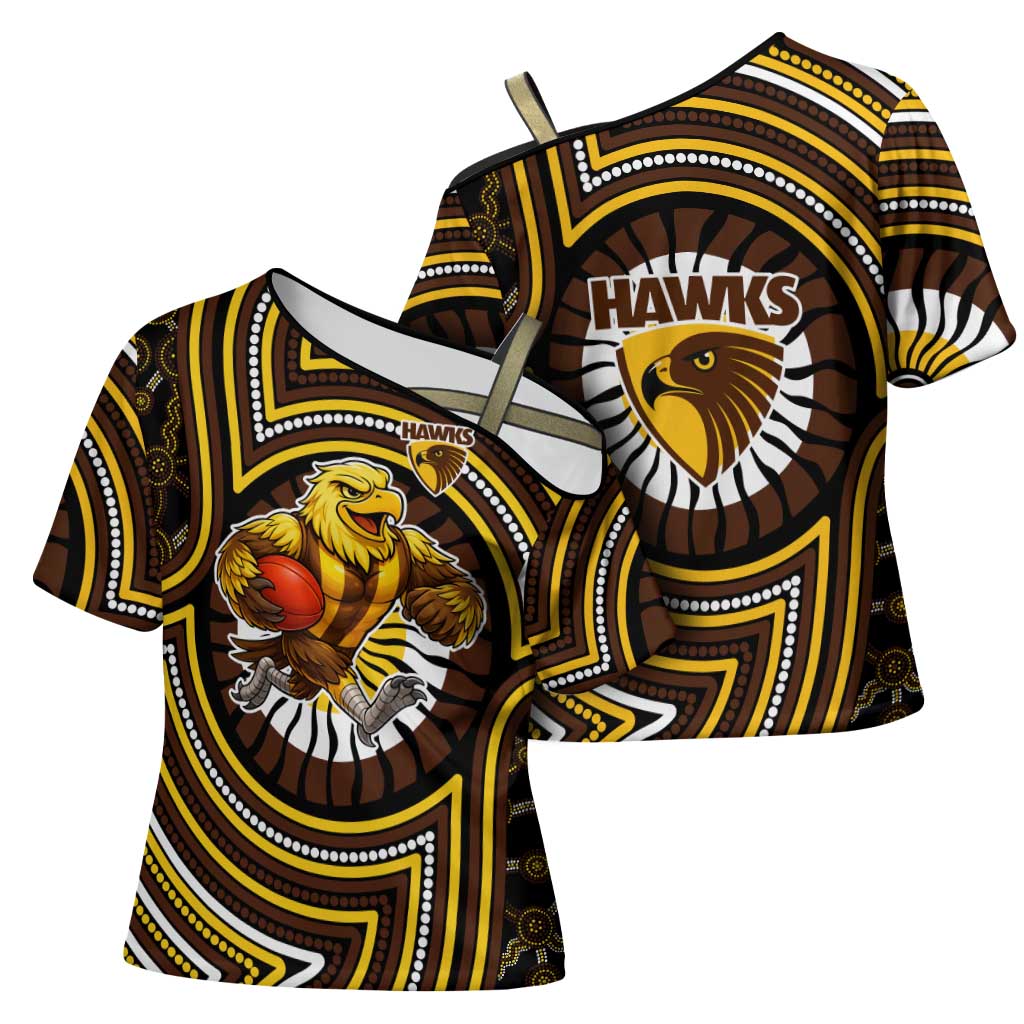Hawthorn Hawks Cross Shoulder Shirt Indigenous Monochrome Dot Art Mascot Style