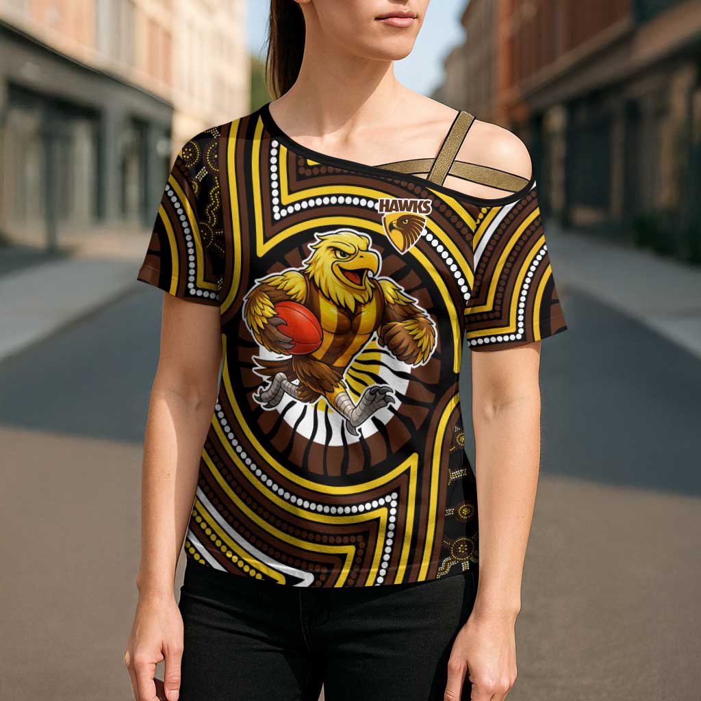 Hawthorn Hawks Cross Shoulder Shirt Indigenous Monochrome Dot Art Mascot Style