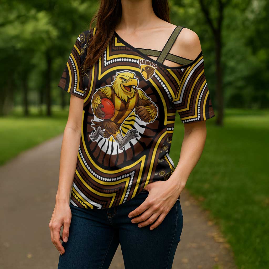 Hawthorn Hawks Cross Shoulder Shirt Indigenous Monochrome Dot Art Mascot Style