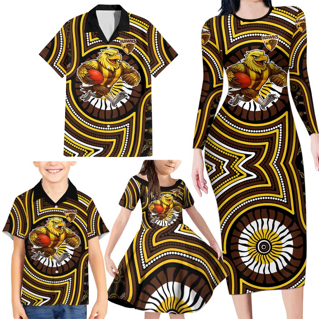 Hawthorn Hawks Family Matching Long Sleeve Bodycon Dress and Hawaiian Shirt Indigenous Monochrome Dot Art Mascot Style