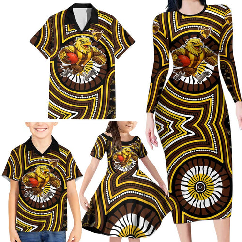 Hawthorn Hawks Family Matching Long Sleeve Bodycon Dress and Hawaiian Shirt Indigenous Monochrome Dot Art Mascot Style