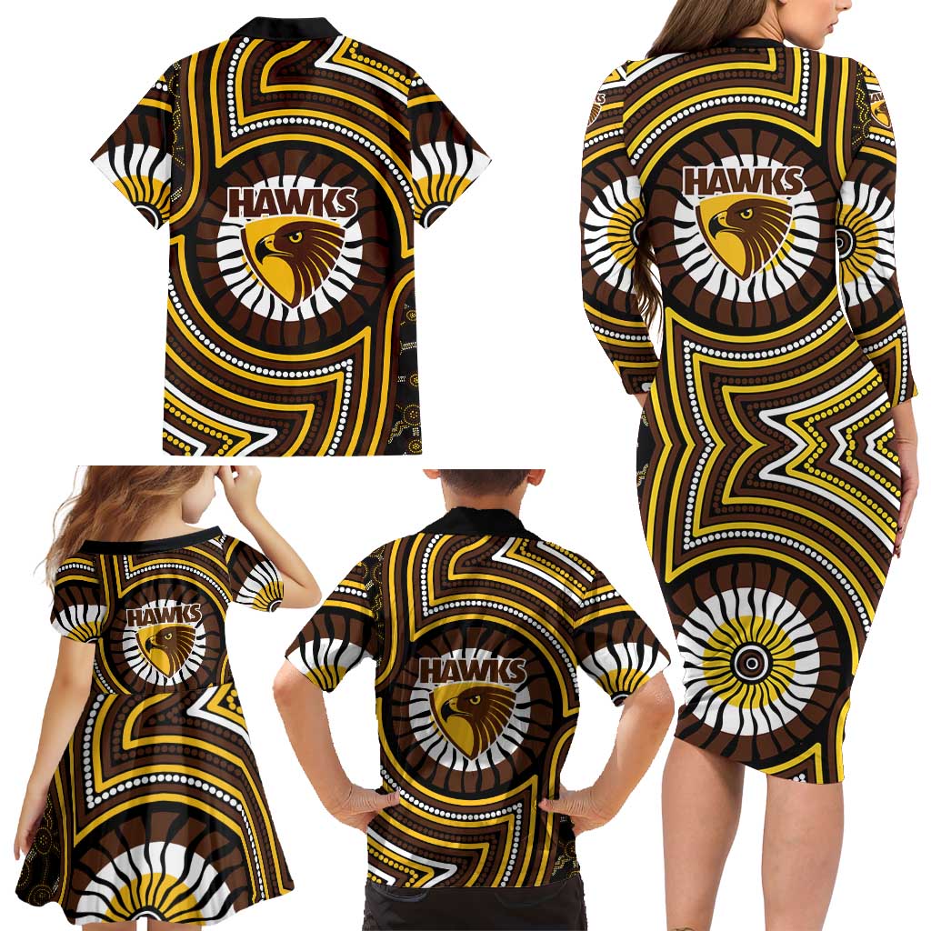 Hawthorn Hawks Family Matching Long Sleeve Bodycon Dress and Hawaiian Shirt Indigenous Monochrome Dot Art Mascot Style