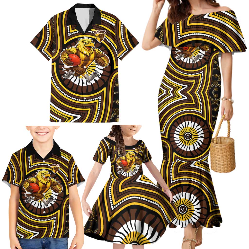 Hawthorn Hawks Family Matching Mermaid Dress and Hawaiian Shirt Indigenous Monochrome Dot Art Mascot Style