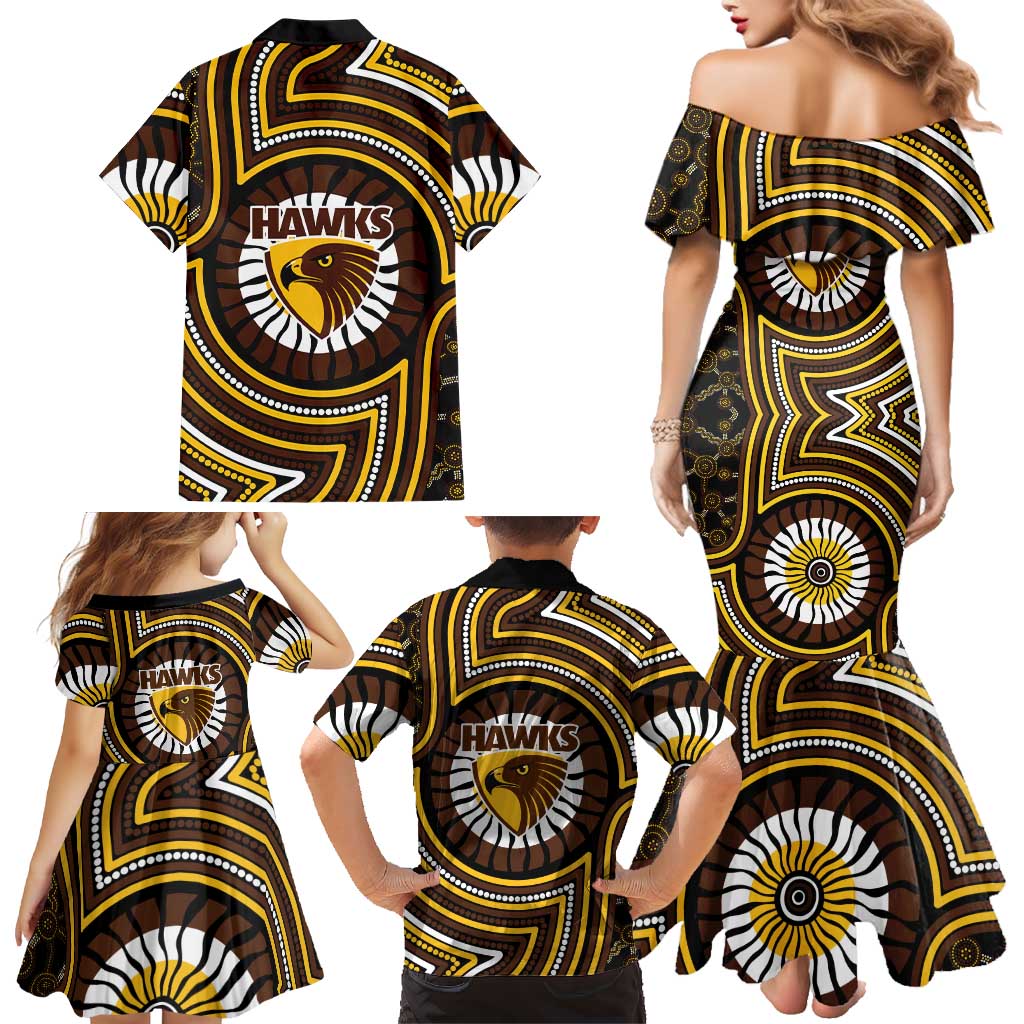Hawthorn Hawks Family Matching Mermaid Dress and Hawaiian Shirt Indigenous Monochrome Dot Art Mascot Style