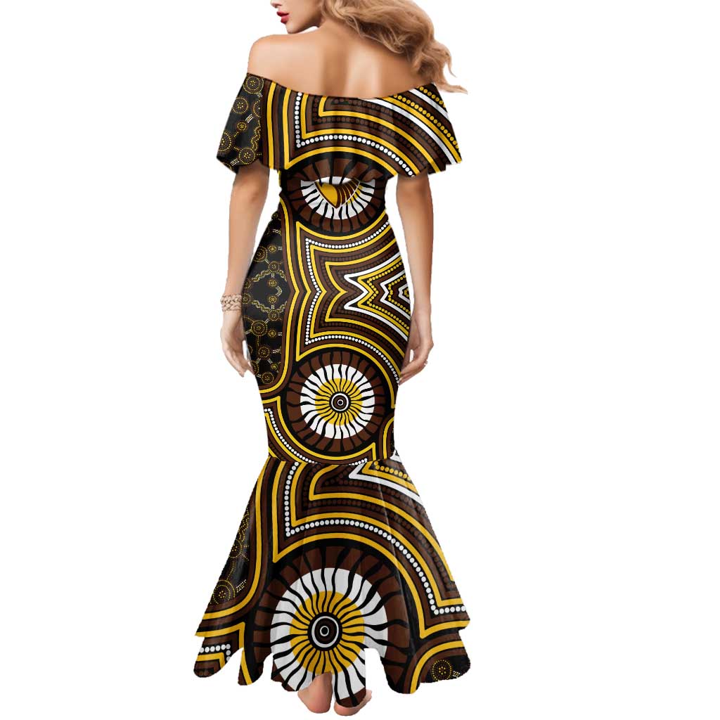 Hawthorn Hawks Family Matching Mermaid Dress and Hawaiian Shirt Indigenous Monochrome Dot Art Mascot Style