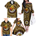 Hawthorn Hawks Family Matching Off The Shoulder Long Sleeve Dress and Hawaiian Shirt Indigenous Monochrome Dot Art Mascot Style