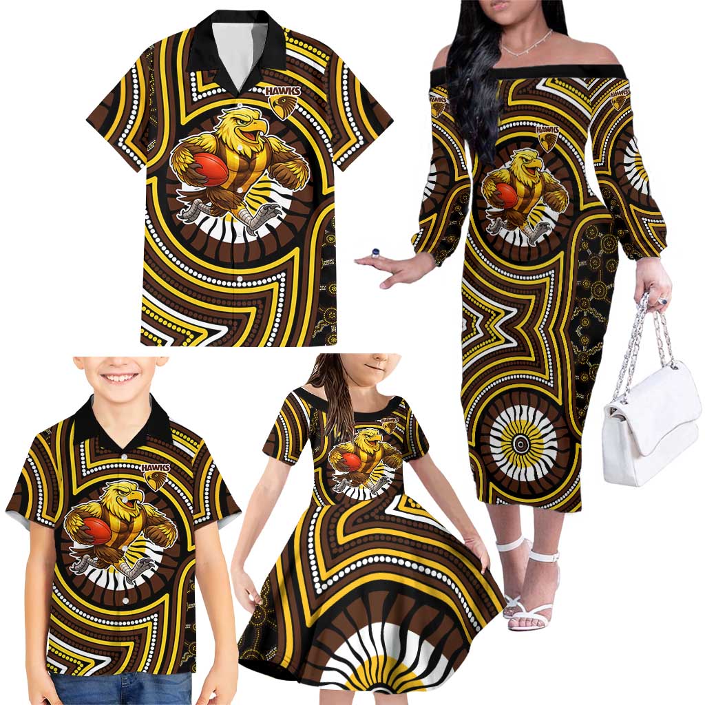 Hawthorn Hawks Family Matching Off The Shoulder Long Sleeve Dress and Hawaiian Shirt Indigenous Monochrome Dot Art Mascot Style