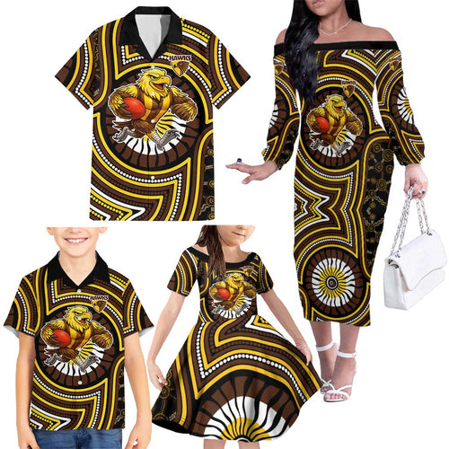 Hawthorn Hawks Family Matching Off The Shoulder Long Sleeve Dress and Hawaiian Shirt Indigenous Monochrome Dot Art Mascot Style