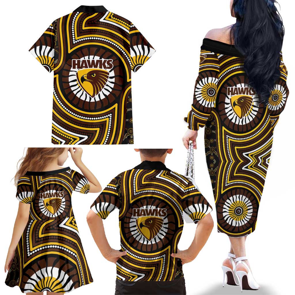 Hawthorn Hawks Family Matching Off The Shoulder Long Sleeve Dress and Hawaiian Shirt Indigenous Monochrome Dot Art Mascot Style