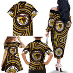 Hawthorn Hawks Family Matching Off The Shoulder Long Sleeve Dress and Hawaiian Shirt Indigenous Monochrome Dot Art Mascot Style