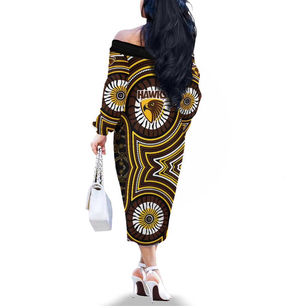 Hawthorn Hawks Family Matching Off The Shoulder Long Sleeve Dress and Hawaiian Shirt Indigenous Monochrome Dot Art Mascot Style
