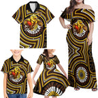 Hawthorn Hawks Family Matching Off Shoulder Maxi Dress and Hawaiian Shirt Indigenous Monochrome Dot Art Mascot Style