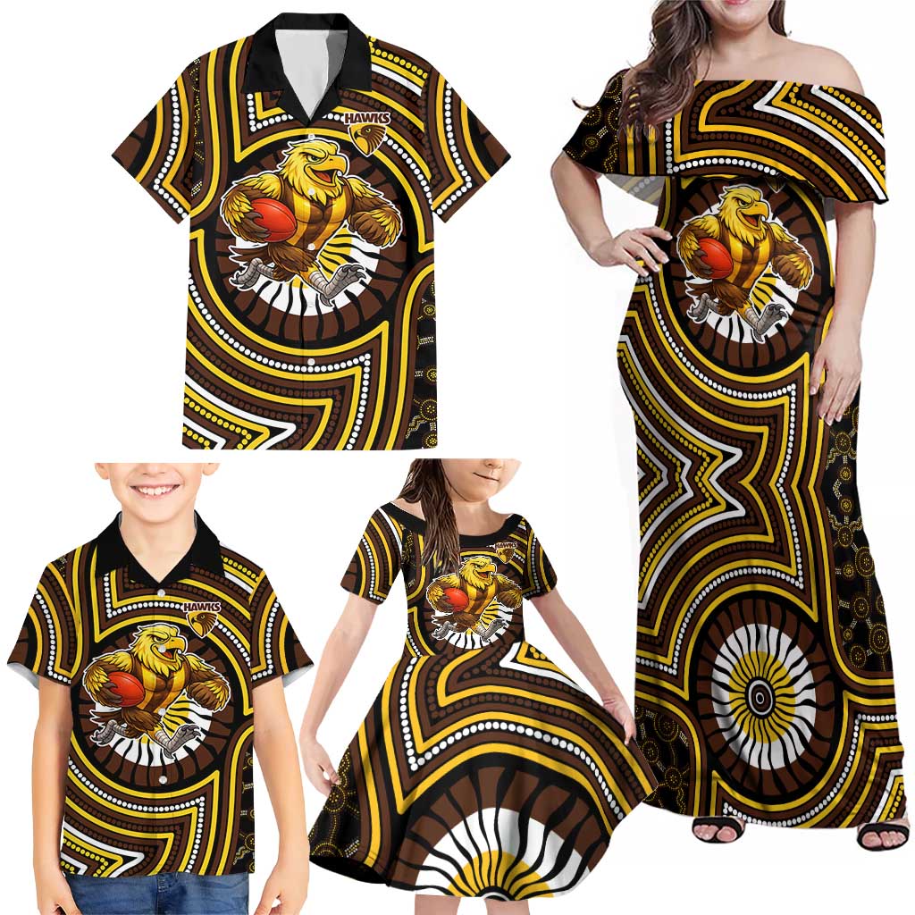 Hawthorn Hawks Family Matching Off Shoulder Maxi Dress and Hawaiian Shirt Indigenous Monochrome Dot Art Mascot Style