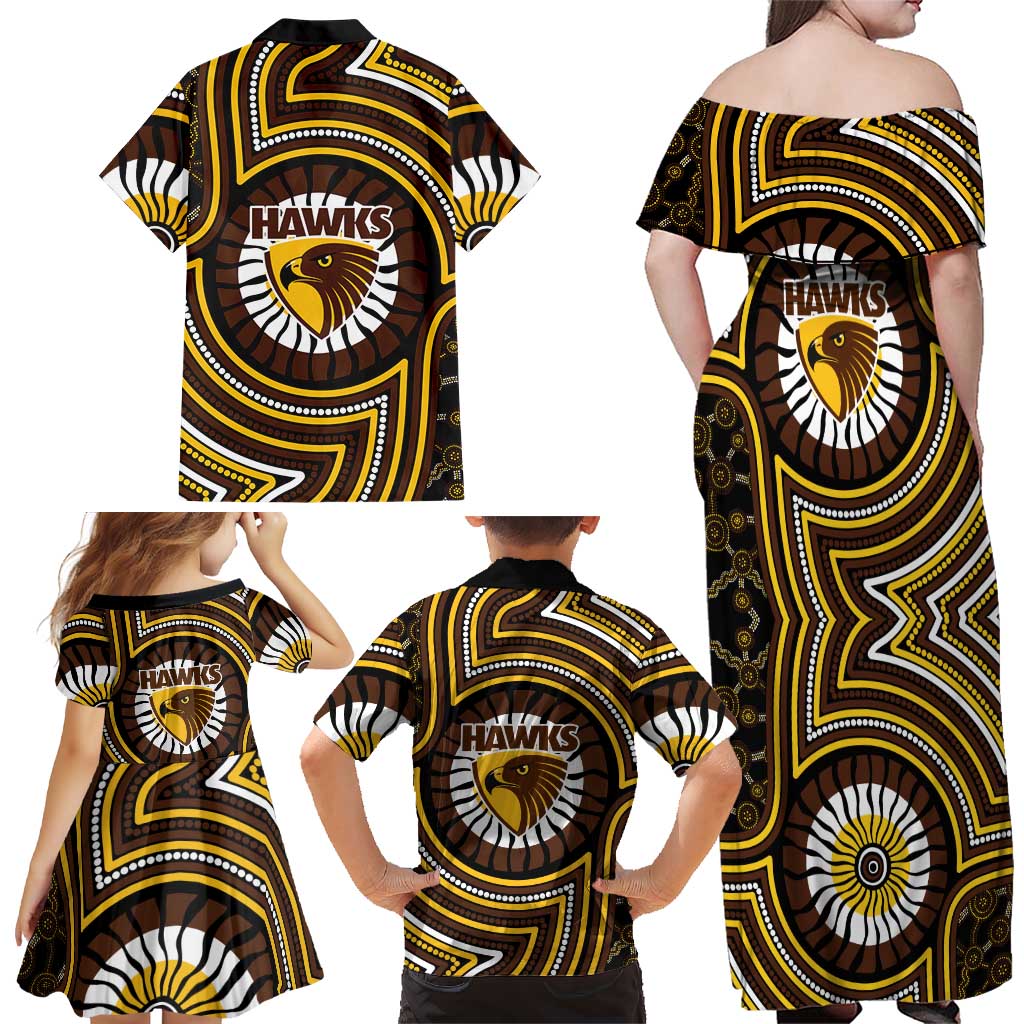 Hawthorn Hawks Family Matching Off Shoulder Maxi Dress and Hawaiian Shirt Indigenous Monochrome Dot Art Mascot Style