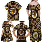 Hawthorn Hawks Family Matching Off Shoulder Maxi Dress and Hawaiian Shirt Indigenous Monochrome Dot Art Mascot Style
