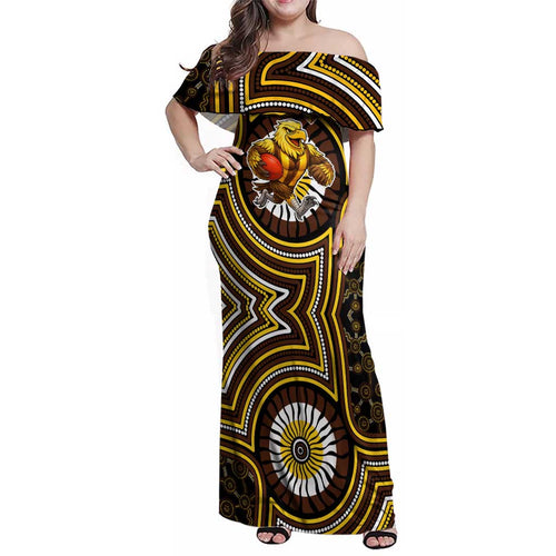 Hawthorn Hawks Family Matching Off Shoulder Maxi Dress and Hawaiian Shirt Indigenous Monochrome Dot Art Mascot Style