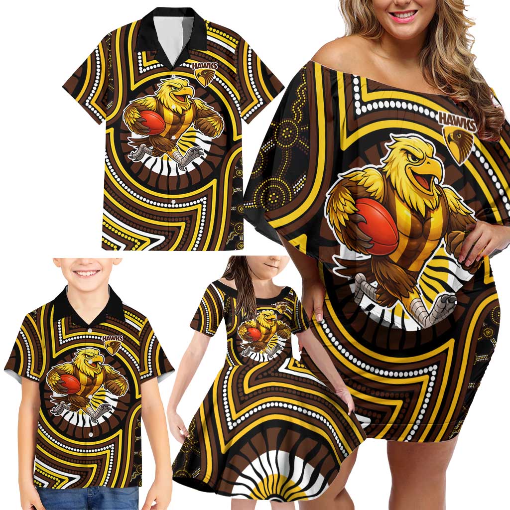 Hawthorn Hawks Family Matching Off Shoulder Short Dress and Hawaiian Shirt Indigenous Monochrome Dot Art Mascot Style