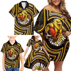 Hawthorn Hawks Family Matching Off Shoulder Short Dress and Hawaiian Shirt Indigenous Monochrome Dot Art Mascot Style