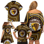 Hawthorn Hawks Family Matching Off Shoulder Short Dress and Hawaiian Shirt Indigenous Monochrome Dot Art Mascot Style