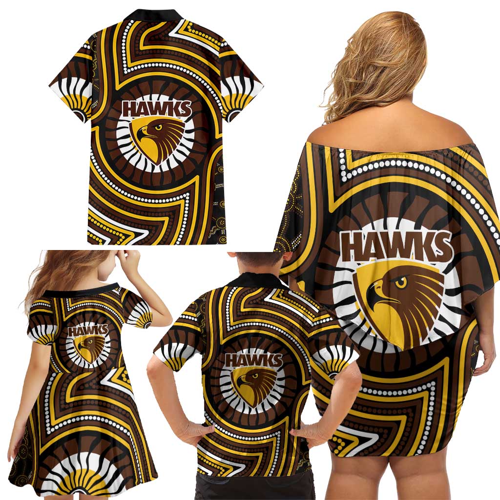 Hawthorn Hawks Family Matching Off Shoulder Short Dress and Hawaiian Shirt Indigenous Monochrome Dot Art Mascot Style