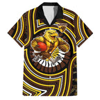 Hawthorn Hawks Family Matching Off Shoulder Short Dress and Hawaiian Shirt Indigenous Monochrome Dot Art Mascot Style